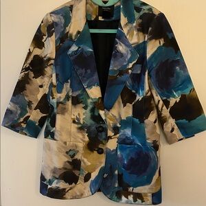 Smythe Teal Blue Black Floral Watercolor Blazer